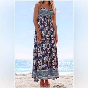 Women’s Floral Boho Chic Maxi Dress w/Smocked Bodice